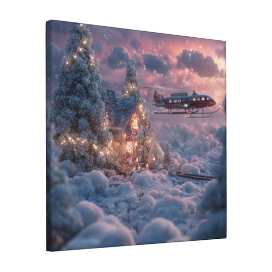 12×12 Inch Dreamy Snow - Scene Cottage and Helicopter High - Quality Canvas Frameless Decorative Painting - Fairy - Tale Atmosphere Home Art Wall Decor
